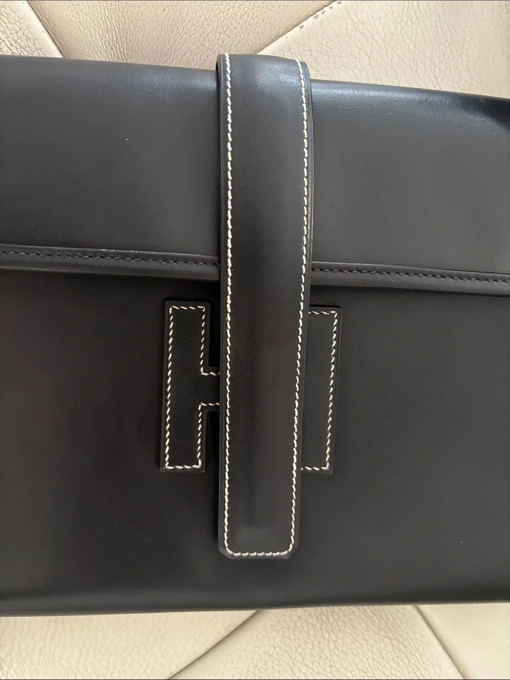 Hermes Black Leather Clutch with White Contrast Stitching